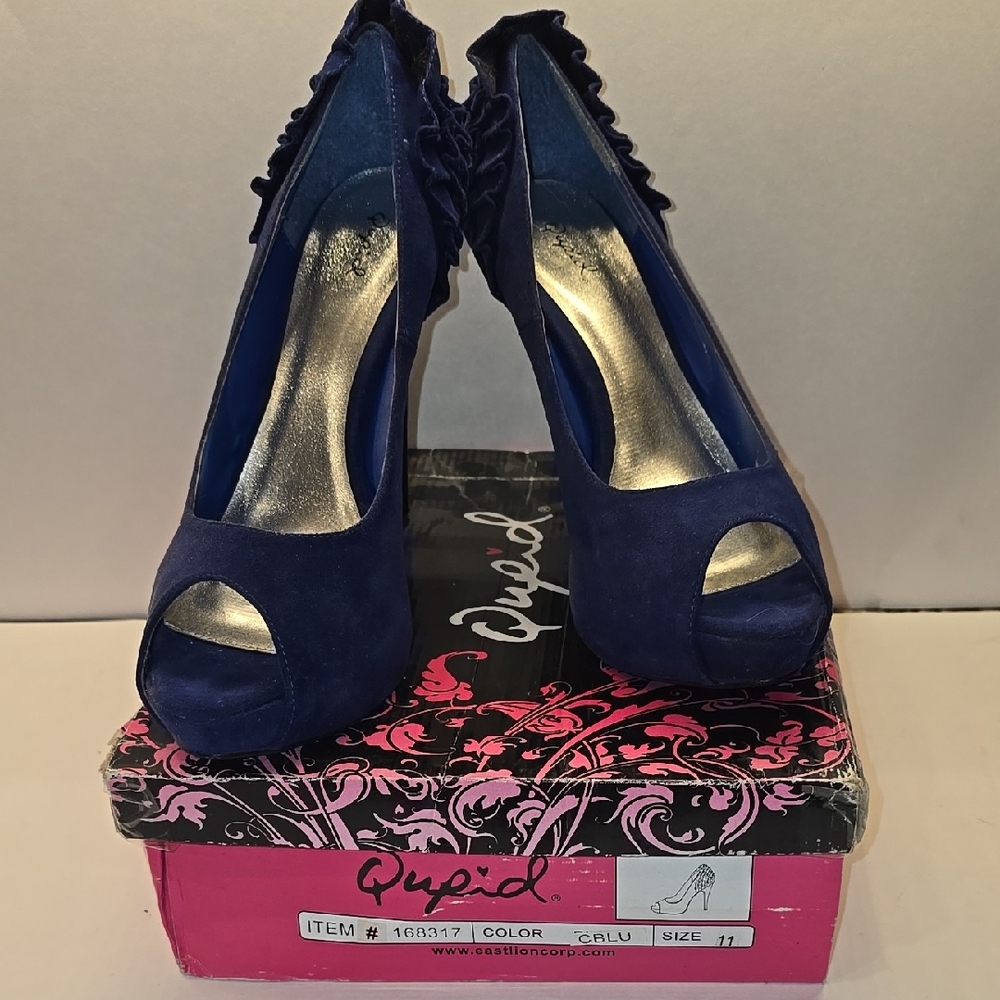 Cupid Women's Blue SUEDE Peep Toe Heels- CHECK OUT THE BACK RUFFLE!